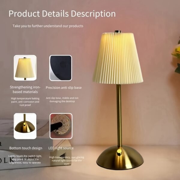1208c0f9-8950-4f46-8e0c-b0eef5a662aa.jpg Metal Base, Pleated Fabric Lampshade - Bedside Lamp Night Light random colour