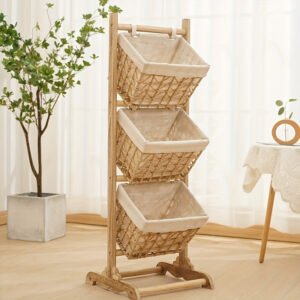 Handmade Woven Rattan Hanging Basket & Floor Standing Shelf 3 Layer